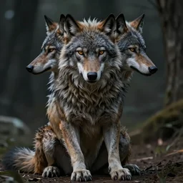 Portrait of a two-headed werewolf sitting down, detailed face, bare thighs, fantasy, highly detailed, cinematic lighting, digital art