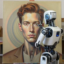 robot artist painting a self - portrait on a canvas. intricate, highly detailed, digital matte painting in the style of gil elvgren and in the style of wayne barlowe. irony, recursion, inspiration.