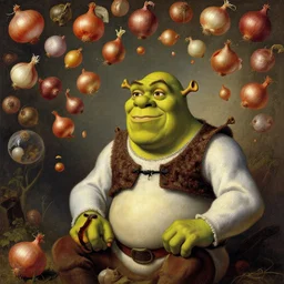 a euphoric shrek sits wide eyed as an array of onions of all kinds fall around his profile, dnd card art, fantasy comics, hyper detailed, extremely complex, hyper realistic, intricate classic art, old painting, great works of the masters, rembrandt and leonardo da vinci