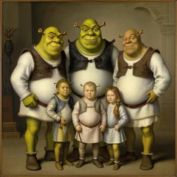 The Shrek family portrait, Family portrait, guild commission, Florentine school, sfumato, still life, al fresco, oil on canvas, Artwork by Hubert van Eyck