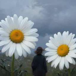 closeup, giant daisy flowers head, girl between monsteras, surreal photography, wind and cold, dramatic sky, impressionist painting, digital painting, artstation, simon stalenhag