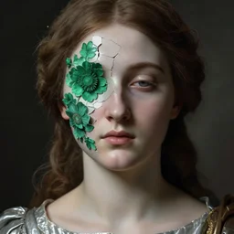 hyperrealism close - up mythological portrait of a medieval woman's shattered face partially made of emerald flowers in style of classicism, pale skin, wearing silver dress, dark and dull palette
