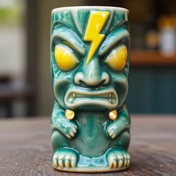 a closeup photorealistic photograph of a glossy tiki mug in the style of the flash sitting at an outdoor trader vic's bar featuring a realistic face and yellow lighting bolt. tiki theme. icy colorful drink. bright scene. fine detail. this 4 k hd image is trending on artstation, featured on behance, well - rendered, extra crisp, features intricate detail, epic composition and the style of unreal engine.