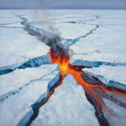 beautiful painting of an ice floe meeting magma in the middle, textured, skewed perspective, last photo ever taken, apocalyptic event