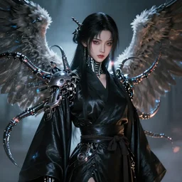 buddhist taoist wuxia art drawing painting of angel mutant cg anime girl beautiful face portrait and mechanical tentacles and synaptic glows wearing black silk leather robe photorealistic cinematic shot with leica zeiss depth of field and lens flare in style of frank miller alex ross kentaro miura giger ito junji squareenix trending on pixiv artstation