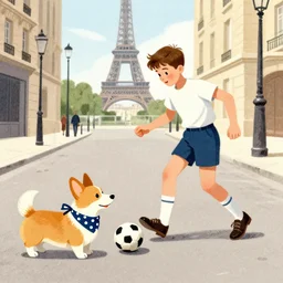 book illustration of a french boy on the streets of paris playing football against a corgi, the dog is wearing a polka dot scarf, 1 9 6 6