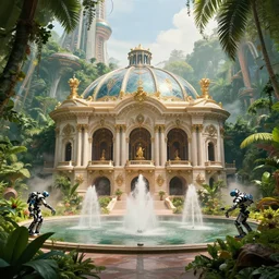 movie still frame, an intricate opera house inside a luxurious futuristic city dome in a lush jungle, beautiful composition, sunny, steam, fountains, robots, 8 k, cgi, by ridley scott, james cameron, zack snyder and michael bay