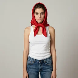 frontal portrait of a ( thugish ) woman, wearing a red headscarf, a white tank top, and jeans, by norman rockwell.