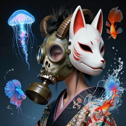 3 d goddess close - up profile punk portrait with vintage gas mask ram skull. beautiful intricately detailed japanese crow kitsune mask and clasical japanese kimono. betta fish, jellyfish phoenix, bio luminescent, plasma, ice, water, wind, creature, artwork by tooth wu and wlop and beeple and greg rutkowski