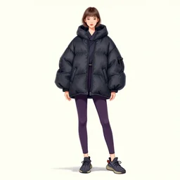 a fashion sketch of a girl wearing a puffy japanese kimono inspired dark anorak and tight purple leggings with yeezy 5 0 0 sneakers