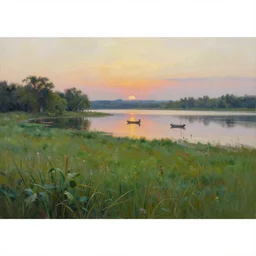 a grassy landscape with lakes during dawn during sunset, boats on the lakes, ultra realistic, ultra detailed, beautiful oil painting