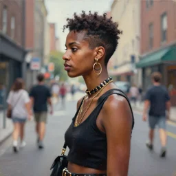 Portrait design of afropunk urban character in a street, medium shot, asymmetrical, 3/4 profile picture, painting by Alberto Mielgo and Laurie Greasley and Lois van Baarle, trending on artstation,