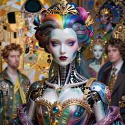 a masterpiece hyper detailed portrait of a beautiful evil girl - cyborg baroque renaissance. rainbow color scheme. medium shot, intricate, elegant, highly detailed, by stanley artgerm lau, wlop, rossdraws, james jean, andrei riabovitchev, marc simonetti, background by james jean and gustav klimt, light by julie bell, porcelain skin.