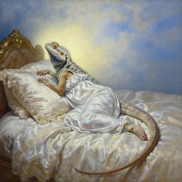 portrait oil painting, an ethereal lizard, wearing a nightgown, posing on an ornate silk bed, ultra realistic, wide angle, intricate details, artifacts, luminous skies, highly detailed, michael cheval, peter mohrbacher, boris vallejo, jessica rossier, oil painting, highly detailed, cinematic lighting
