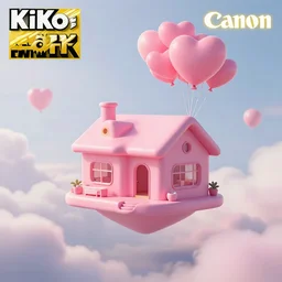 dream a 5 0 mm lens photograph of a cute pink floating modern house, floating in the air between clouds, inspired by the movie up, held up from above by heart ballons. mist, playful composition canon, nikon, award winning, photo of the year