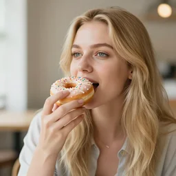 blonde woman eating a donut