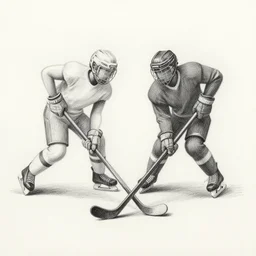 pencil drawing of a stickman playing hockey with another stickman, detailed, shadows,