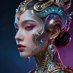 a highly detailed photo of very intricate female face portrait, futurism, rococo cyber neon lighting, detailed futuristic fibonacci jewelry, profile posing, hyper photorealistic, trending in pinterest, cinematic, 4 k ultra hd, by denis villeneuve tom anders zorn hans dragan bibin thoma greg rutkowski ismail inceoglu illustrated sand storm alphonse mucha