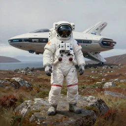 Hyper realistic painting of an astronaut tourist from the future standing on the Isle of Harris, Scotland, a futuristic spaceship in the background, very wide angle lens, trending on deviantart, trending on artstation, by John Harris, by John Berkey