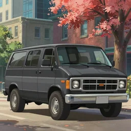 a wholesome animation key shot of one!! focused a - team black gray gmc van, 1 9 8 3 gmc van, in chicago city, medium shot, studio ghibli, ( pixar ) and disney animation, sharp, very detailed, high resolution, rendered in unreal engine 5, anime key art by greg rutkowski, bloom, dramatic lighting