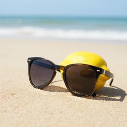a lemon with sunglasses relaxing on the beach