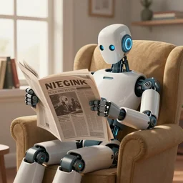 robot reading the newspaper in his armchair in the background books near a window by Greg rutkowski, Trending artstation-n6