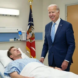 joe biden smiling posing next to an unconscious person in hospital