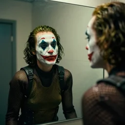 cinestill 5 0 d candid photographic portrait by stanley kubrick of a feminine man wearing rugged black mesh techwear and makeup looking in the bathroom mirror, cramped new york apartment, medium closeup, retrofuturism cyberpunk moody emotional cinematic, light and shadows, 8 k, hd, high resolution, 3 5 mm, f / 3 2, ultra realistic faces, joker ( 2 0 1 9 )