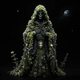 The Grimm reaper made out of flowers, black background, fantasy portrait by Esao Andrews and Lisa Frank, cosmic horror concept art, 4k HD, trending on ArtStation