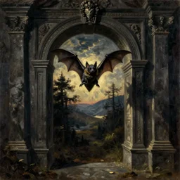 caravaggio oil landscape painting of a bat going though the portal to the underworlds, dark art, gothic, fantasy style, harrowing unnerving shadowy