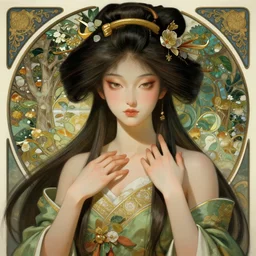 Japanese goddess of nature, accurate anatomy, only two hands, highly detailed, digital painting, artstation, concept art, smooth, sharp focus, illustration, Unreal Engine 5, 8K, art by Ross Tran and greg rutkowski and alphonse Mucha