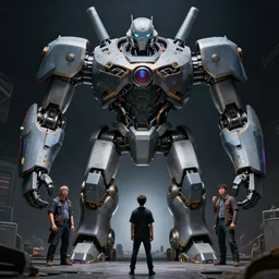 A small person standing before a giant michanical robot by Greg Rutkowski, beeple, Sung Choi, Mitchell Mohrhauser, Maciej Kuciara, Johnson Ting, Maxim Verehin, Peter Konig, final fantasy, macro lens, 35mm, 8k photorealistic, cinematic lighting, HD, high details, dramatic, dark atmosphere, trending on artstation