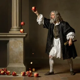 newton discovering gravity after seeing the falling apple photorealistic