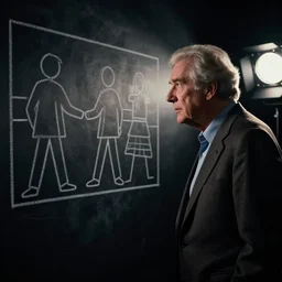 photo still of bob barker looking at a crime scene chalk outline, moody, grindhouse, dark, 8 k, 8 5 mm f 1. 8, studio lighting, rim light, right side key light