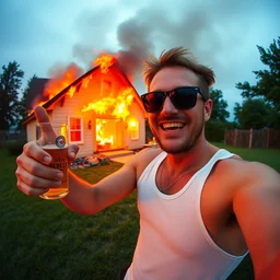a selfie of a man wearing a tank top, sunglasses, drinking beer, doing a thumbs up gesture, happy that his house is on fire, high quality, detailed, a beautiful photograph from the nineties