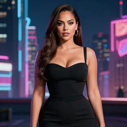 portrait of ana de armas, black dress, curvy body, hyper realistic, octane render, neon city, depth of field