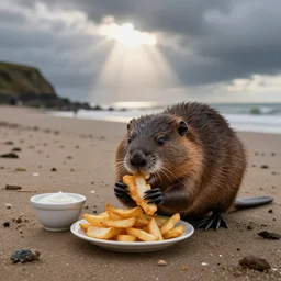 A beaver eating fish and chips, on an English seaside beach