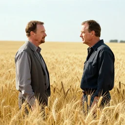 walter white gustavo fring facing each other in a wheat field, side view, 3 5 mm photograph, 8 k resolution, wide shot, sharp lens
