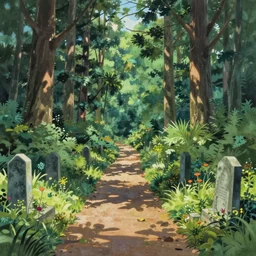 forest lanscape walkpath panorama with grave stones by makoto shinkai takashi takeuchi miyazaki gouache
