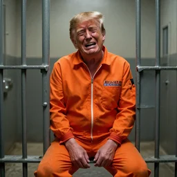 full shot of donald trump wearing an orange jump suit, crying in a dirty jail cell in guantanamo, photograph, realistic, dramatic lighting