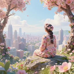 ' an ai's dream': an artificial intelligence sits on a rock overlooking a city made of flowers and trees. a dream of the future that humans and ai can both look forward to