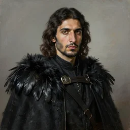 portrait painting of a hazel eyed middle eastern man with shoulder length hair wearing a tattered black feather cloak and coat, sharp focus, award - winning, trending on artstation, masterpiece, highly detailed, intricate. art by rebecca guay