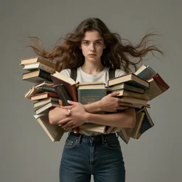 a girl with books coming out her arms, her hair flowing down, symmetric, anatomically correct, concept style, trending on artstation, concept art, detailed, octane render, cinematic, photo-realistic, 8k, high detailed