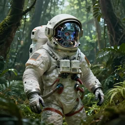 view of a future cosmonaut with helmet having cybernetics and wirings exploring a jungle, trending on artstation, art by rossdraws and greg rutkowski, global illumination