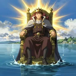 a single lone king sitting on a throne floating on water in the middle of a lake drawn by Makoto Yukimura in the style of Vinland saga anime, full color, detailed,