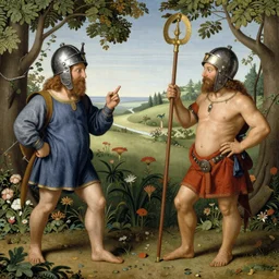 Asterix and Obelix in the Garden of Earthly Delights. highly detailed, helmets, faces, studio lighting