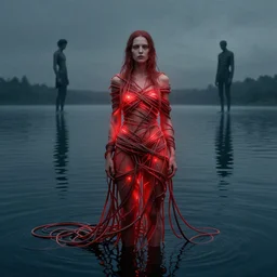portrait, standing in a lake, woman wrapped around by tubes and cables, cult, glowing red, by edgar maxence and ross tran, zdzisław beksinski, and michael whelan, distant, gustav dore, h. r. giger, 8 k, octane render