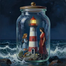 a lighthouse on a stormy ocean at night trapped inside a jar. beautiful detailed dramatic painting by artgerm and magali villanueve and michael whelan