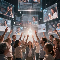 cinematic epic, groups of happy people, many layers of overlapping translucent gigantic screens projecting beautiful low opacity images of reference sheets, random sizes, floating translucent graphics, dripping light drops, hands touching light drops, supercomputers transforming text to images, perfect lighting pixel sorting