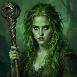 mindblowing portrait of emma watson as a swamp witch, green colored skin, green hair, holding a caduceus staff, messy hair, deep focus, d & d, fantasy, intricate, elegant, highly detailed, digital painting, artstation, concept art, matte, sharp, illustration, hearthstone, art by artgerm and greg rutkowski and alphonse mucha